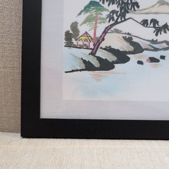 Framed Serene Coastal Scene Hand Cut Wheat Stalk Art on Silk - Picture 10 of 14